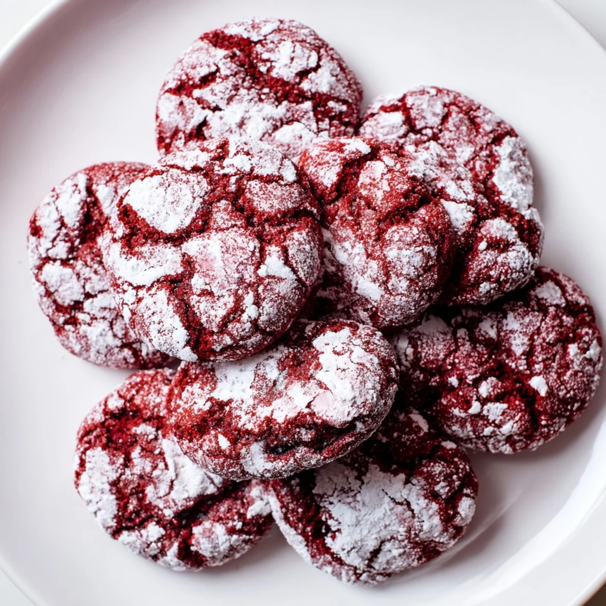 Freshly baked red velvet crinkle cookies with powdered sugar sit on a white plate, ready to be served as a festive holiday treat.