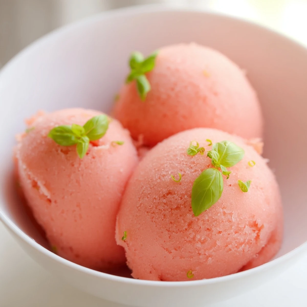 Scoops of Pink Grapefruit Sorbet sit in chilled glasses, garnished with fresh basil leaves for a fragrant finish.