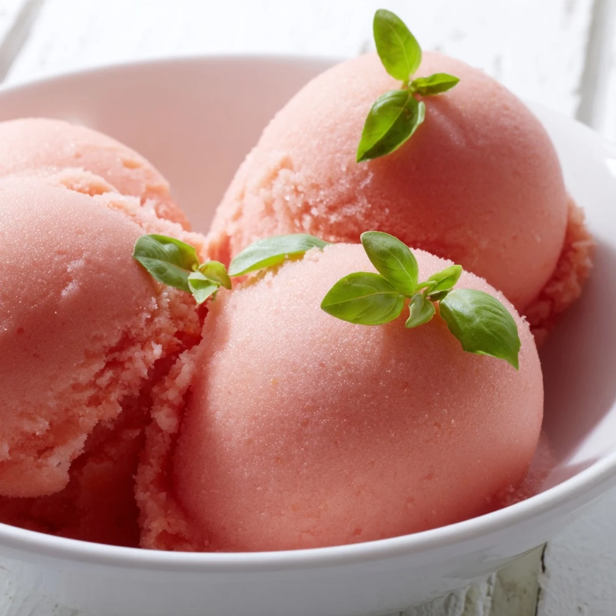 Chilled Pink Grapefruit Sorbet is topped with vibrant basil sprigs, offering a refreshing, tangy summer dessert.