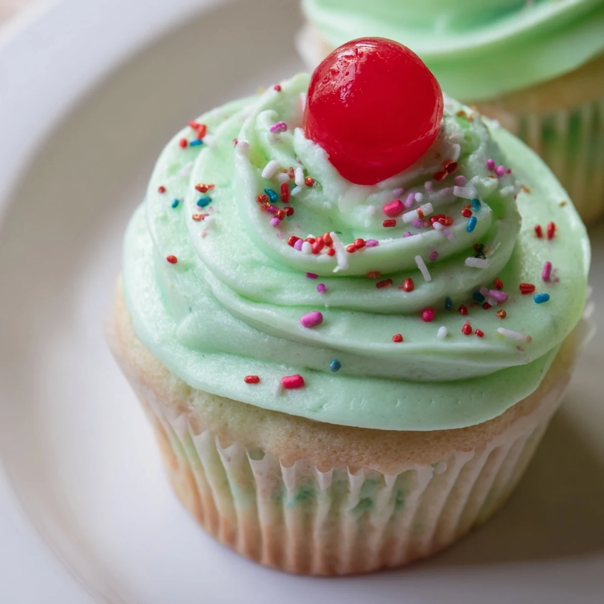 Tall Shamrock Shake Cupcakes with swirls of creamy mint frosting are topped with green sprinkles and mini straws on a festive plate.