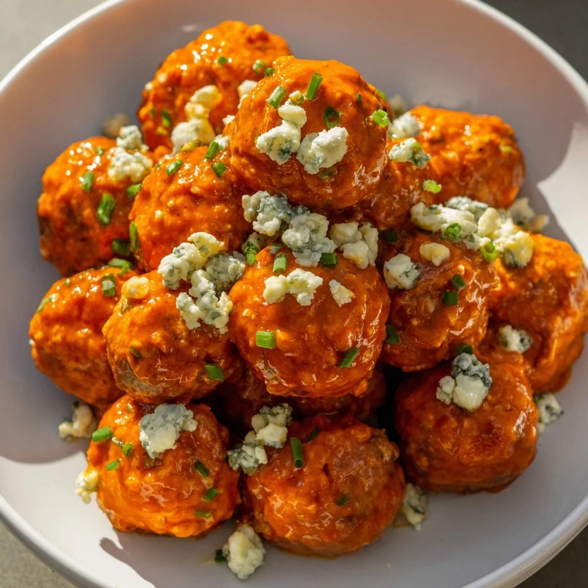 Savory Buffalo chicken meatballs served with crisp celery and carrot sticks for dipping, perfect for a party appetizer.  