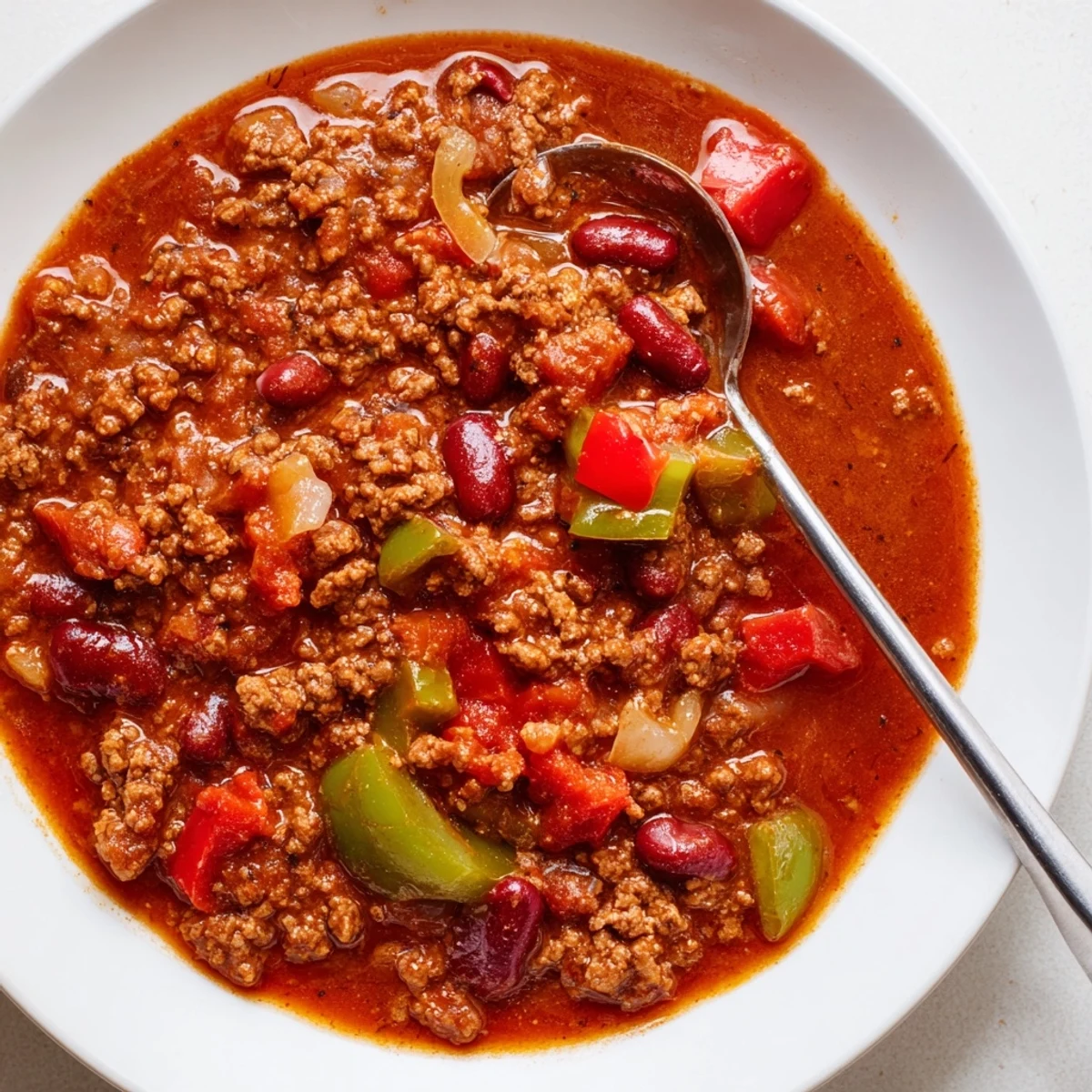 Hearty Beef Chili with Kidney Beans and Tomatoes simmering in a large pot, with steam rising and a wooden spoon ready to serve.