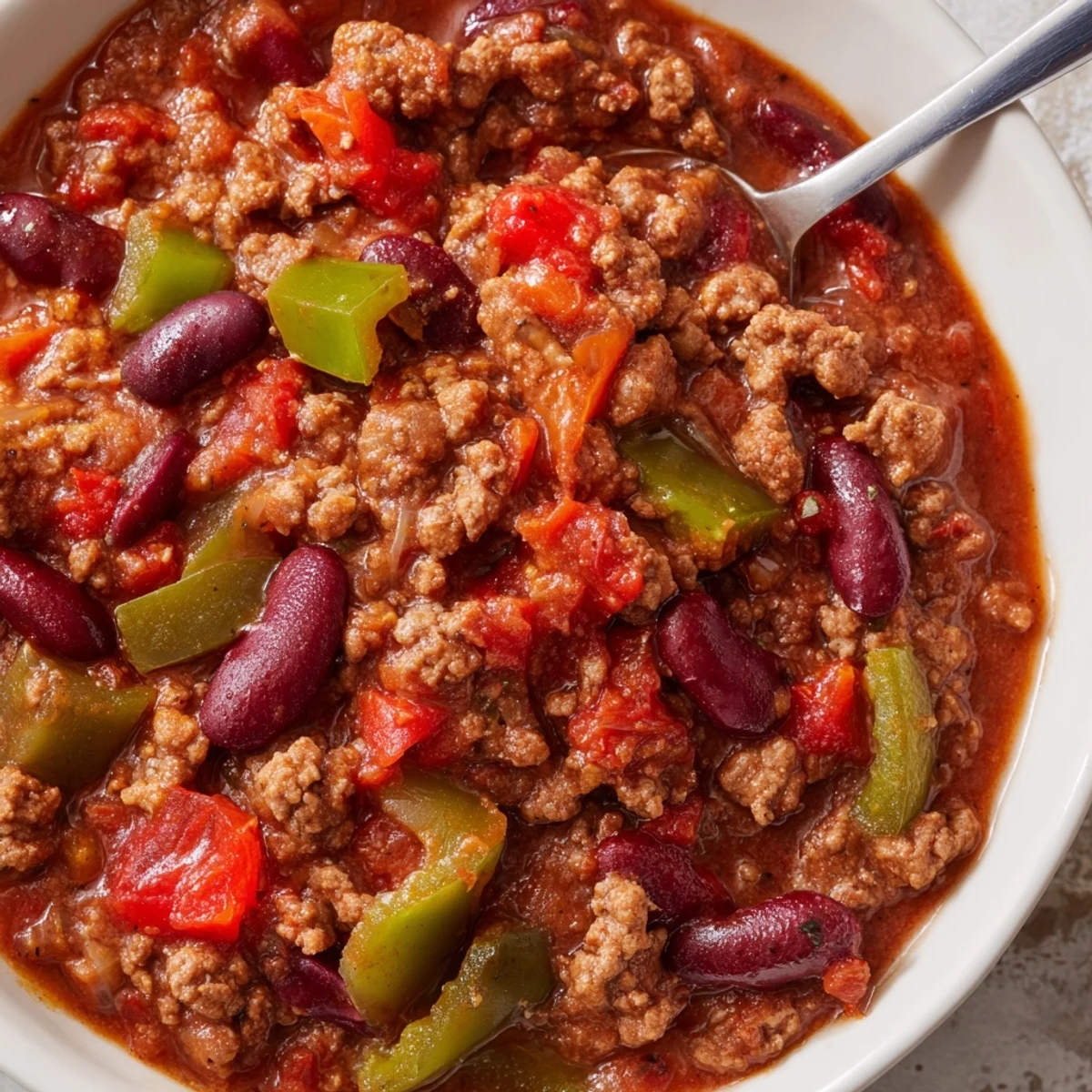 Comforting bowl of Beef Chili with Kidney Beans and Tomatoes, topped with sour cream, shredded cheese, and fresh cilantro, on a rustic table.