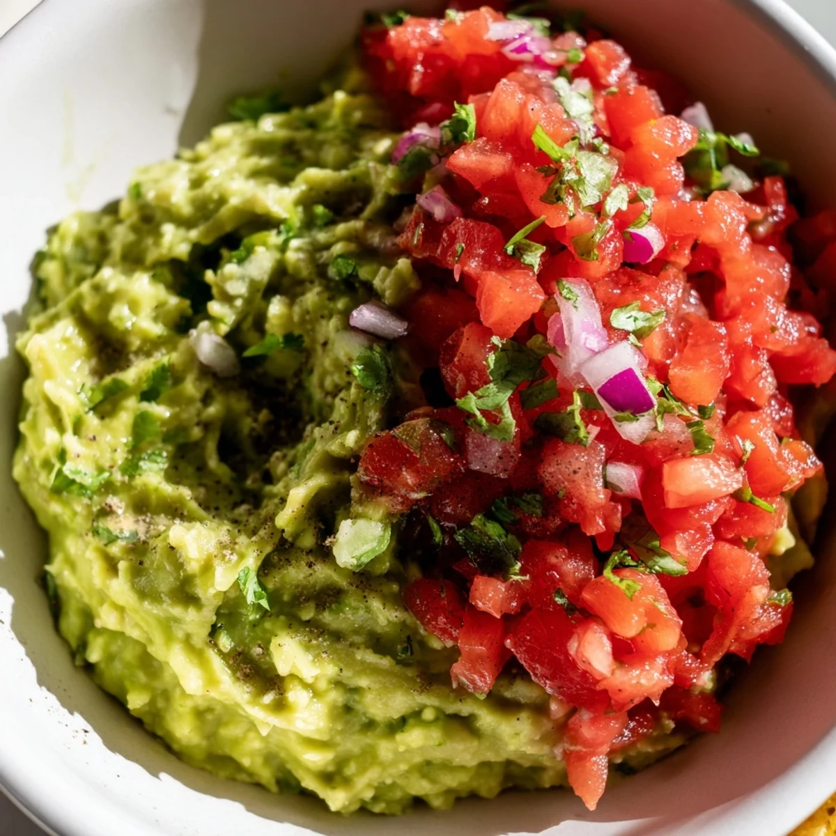Freshly mashed avocado guacamole topped with chunky pico de gallo, served with crispy tortilla chips for dipping.