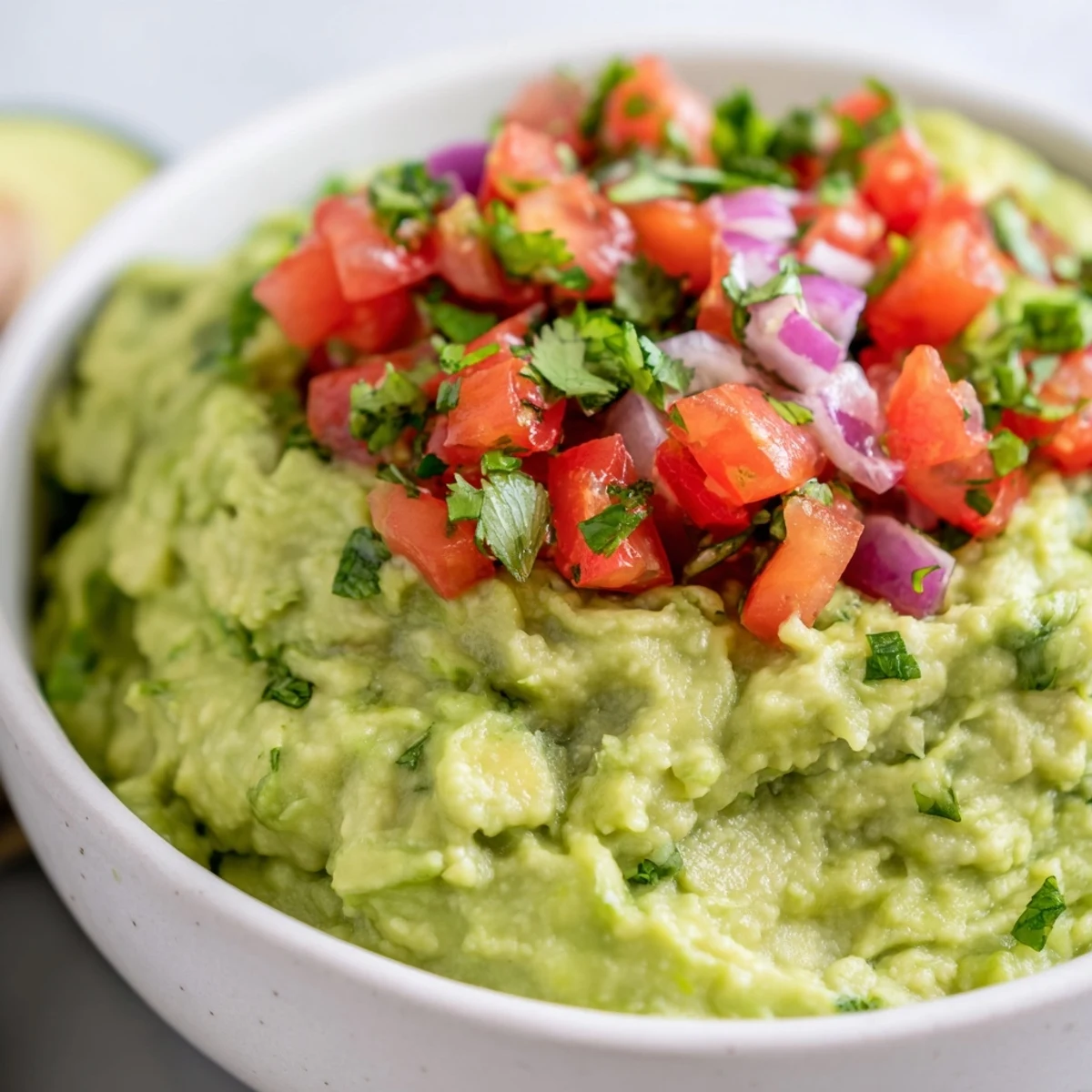 Creamy homemade guacamole with zesty tomato pico de gallo, ready to serve as a colorful party appetizer.