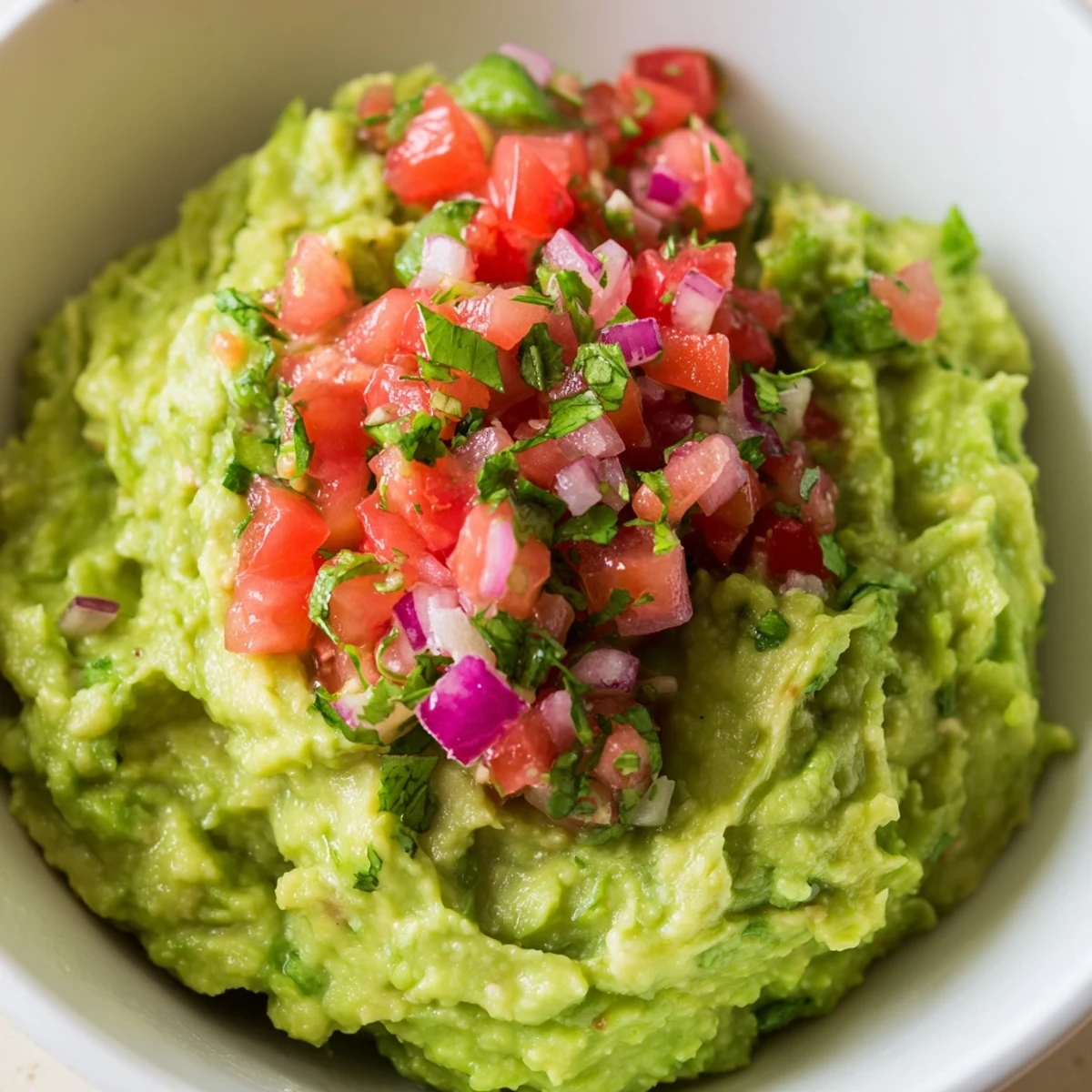 Vibrant guacamole featuring ripe avocados and fresh pico de gallo, paired with crunchy vegetable sticks for dipping.