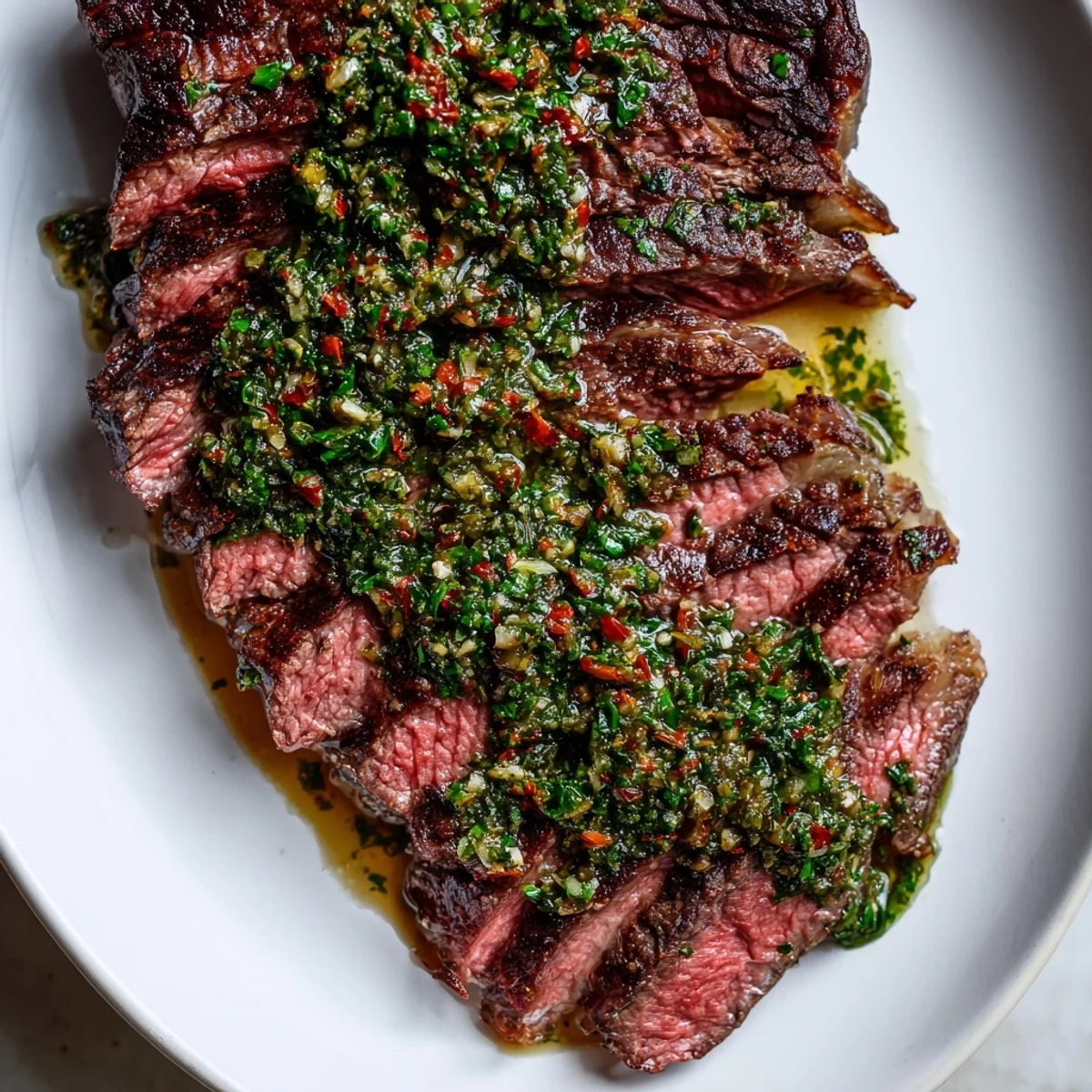 A close-up of pan seared steak with chimichurri sauce drizzled over the juicy, medium-rare ribeye.  