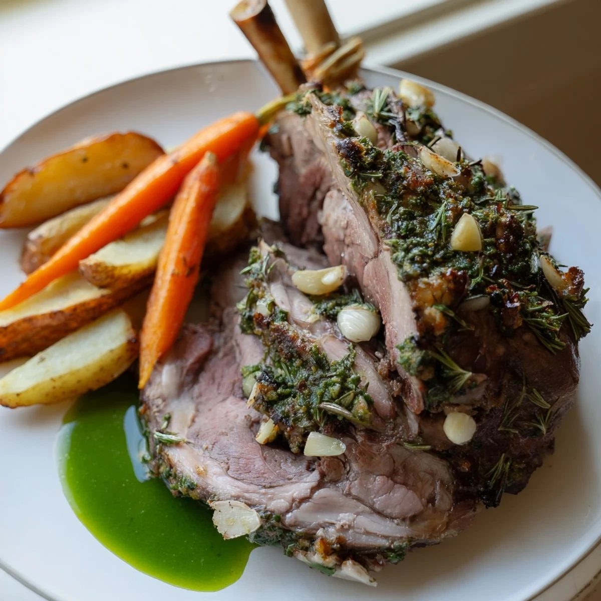 Perfectly roasted leg of lamb with vibrant mint sauce, served alongside golden roasted carrots and potatoes for a festive meal.