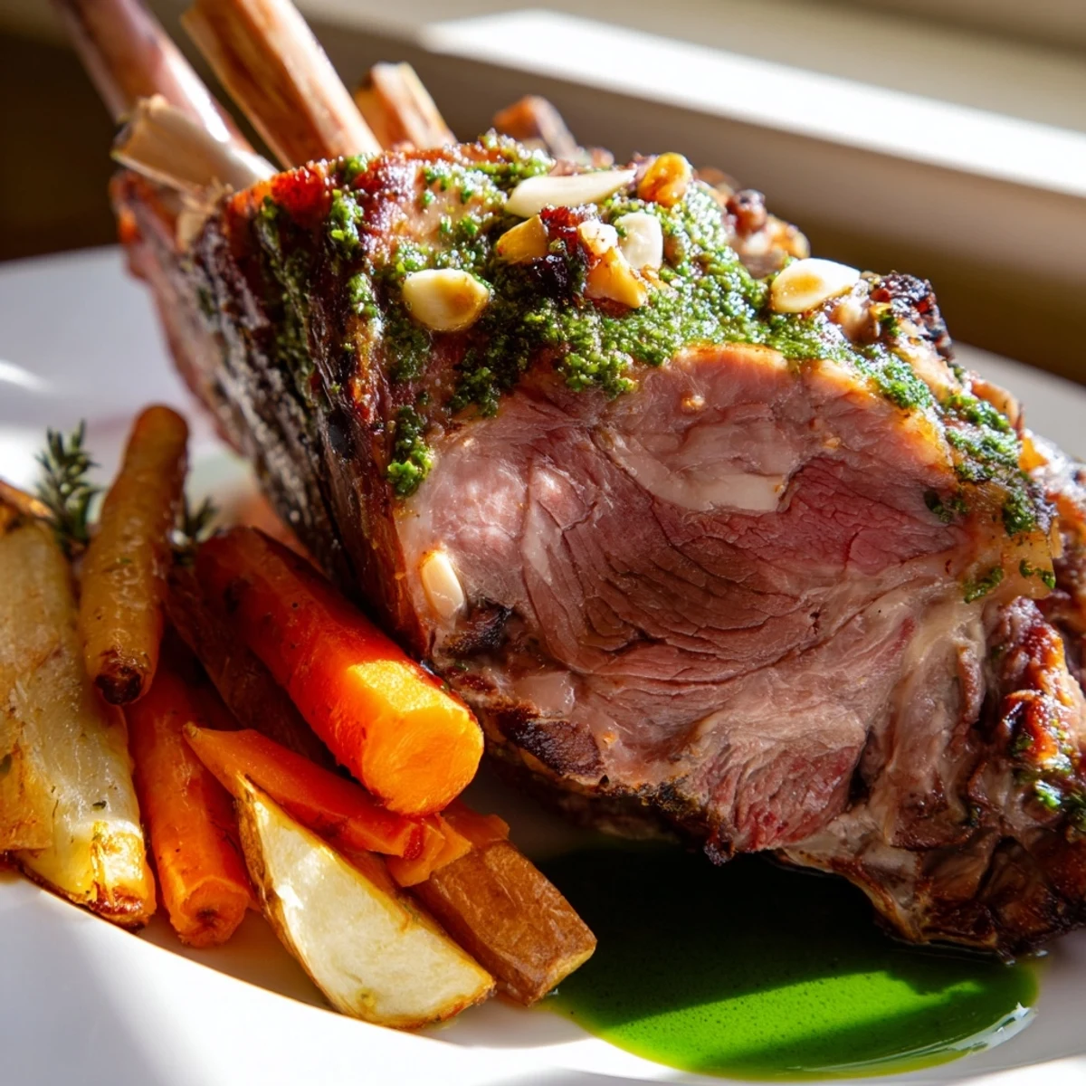 Juicy slices of roasted leg of lamb are drizzled with fresh mint sauce, perfect for a special Sunday dinner centerpiece.
