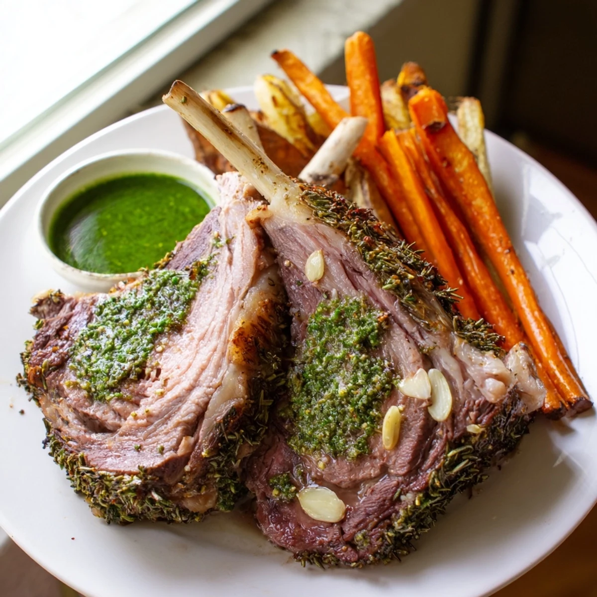 Tender, rosemary and garlic-infused roasted leg of lamb, sliced and plated with a side of aromatic, sweet mint sauce.