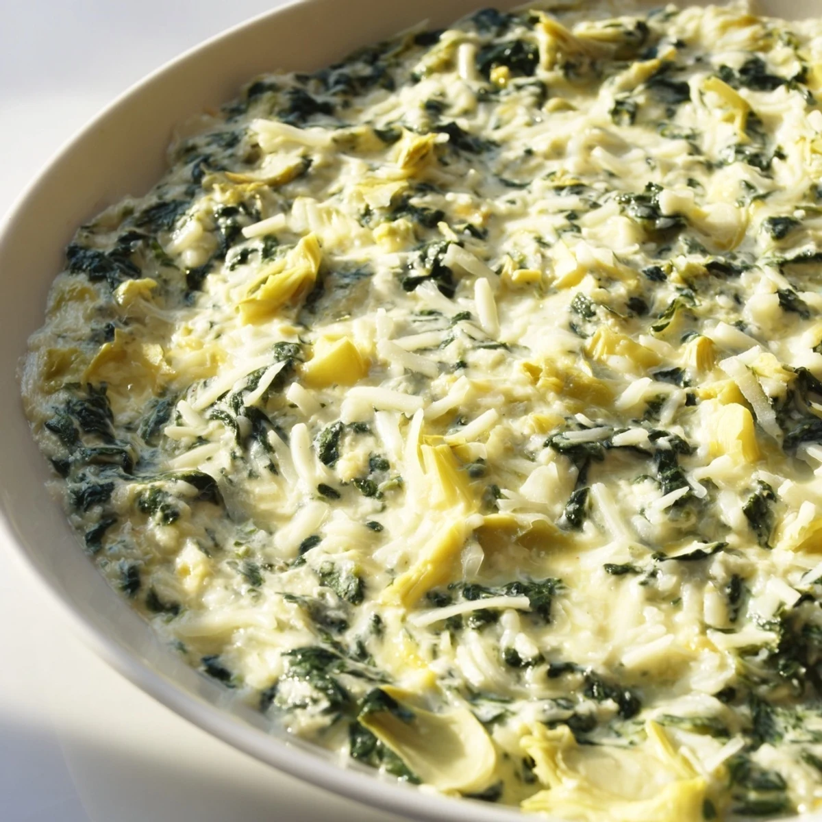 Golden, bubbly Creamy Spinach and Artichoke Dip emerges from the oven, served warm in a dish with crusty bread.
