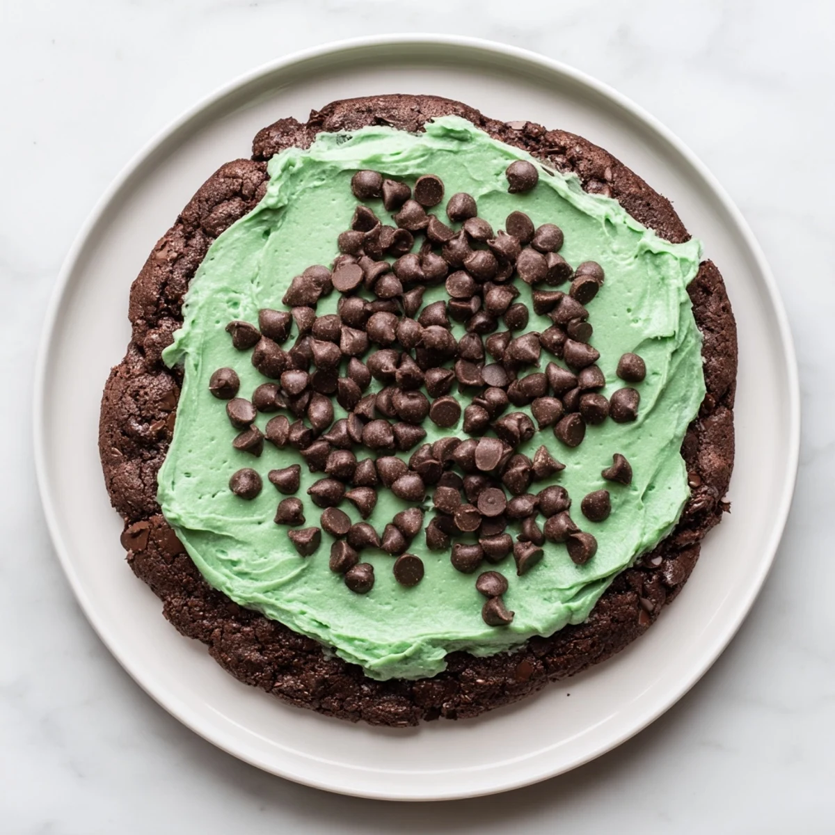 Close-up of a frosted chocolate mint cookie, showcasing its fudgy texture and minty green icing.