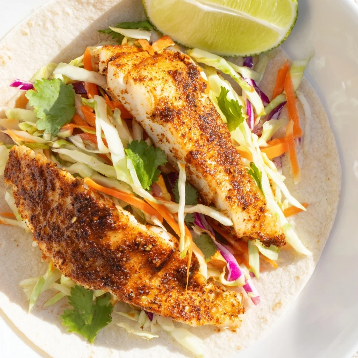 Warm corn tortillas cradling Cajun Spiced Fish Tacos with Slaw, topped with fresh cilantro and lime wedges.