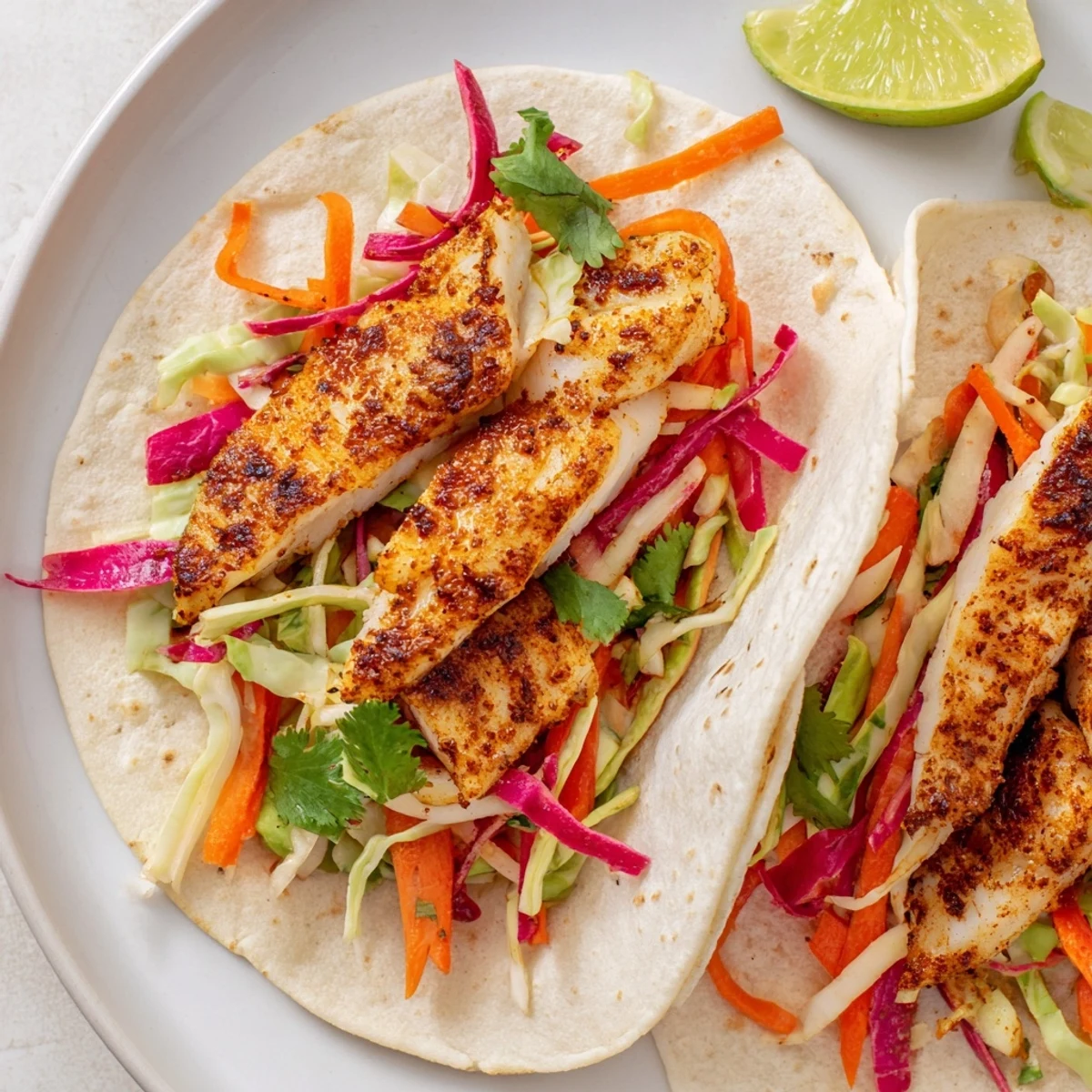 Ready to serve, these Cajun Spiced Fish Tacos with Slaw include extra lime and vibrant toppings.