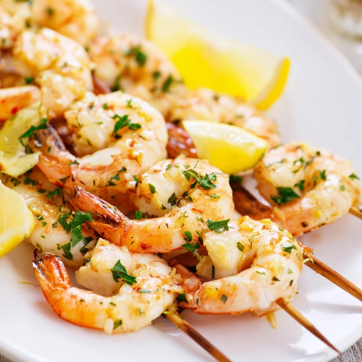 Grilled Lemon Garlic Shrimp Skewers glistening with olive oil and fresh parsley, served with lemon wedges.  