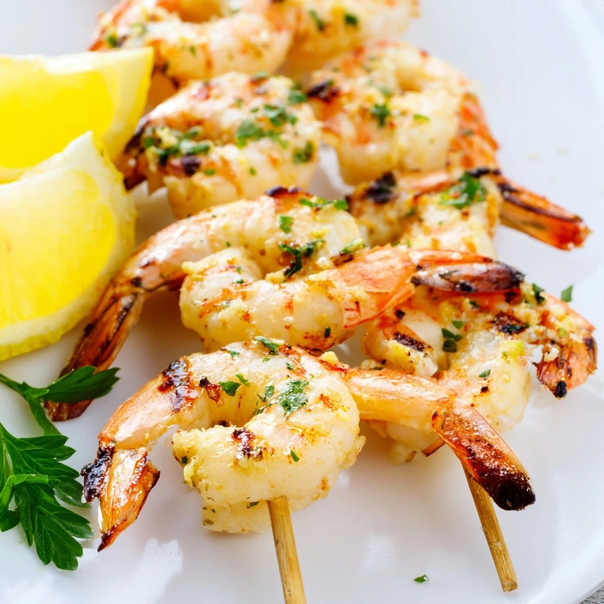 Juicy Lemon Garlic Shrimp Skewers sizzling on the grill with a light char and zesty aroma.  