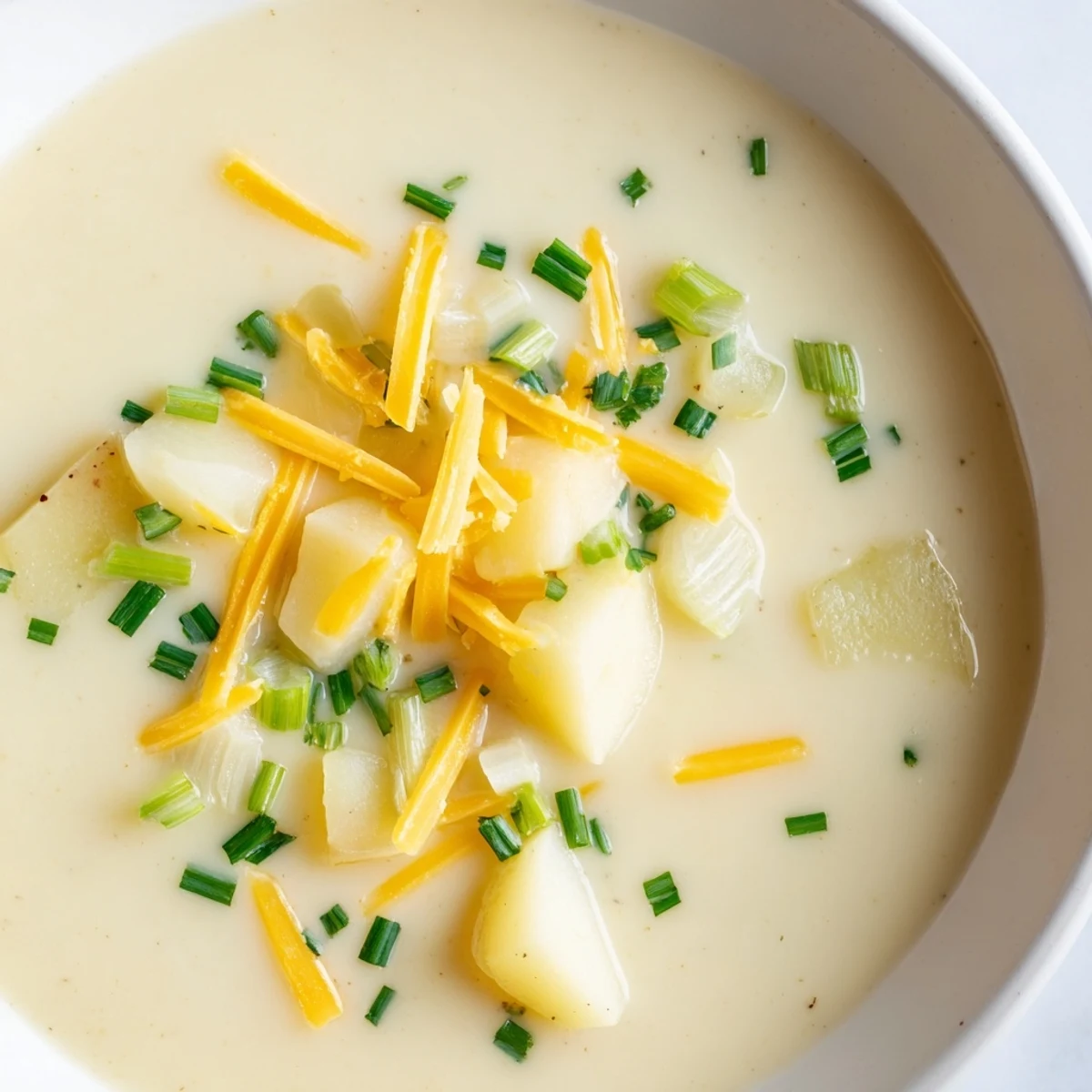 A hearty bowl of Irish Potato Leek Soup with Cheddar, featuring a velvety texture and a golden-brown cheese garnish.
