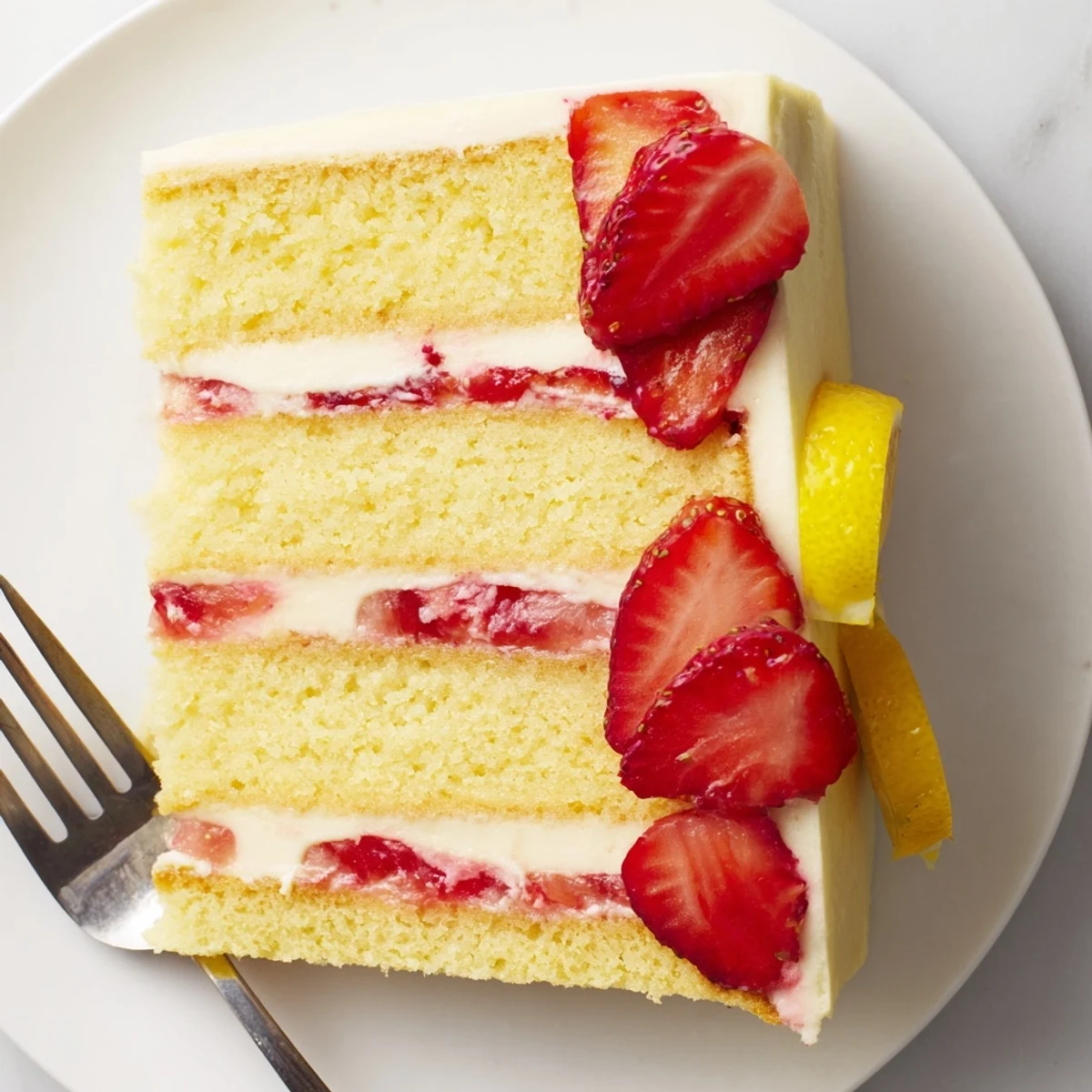 A close-up of a Strawberry Lemonade Layer Cake slice on a plate, revealing moist lemon sponge and vibrant strawberry filling.