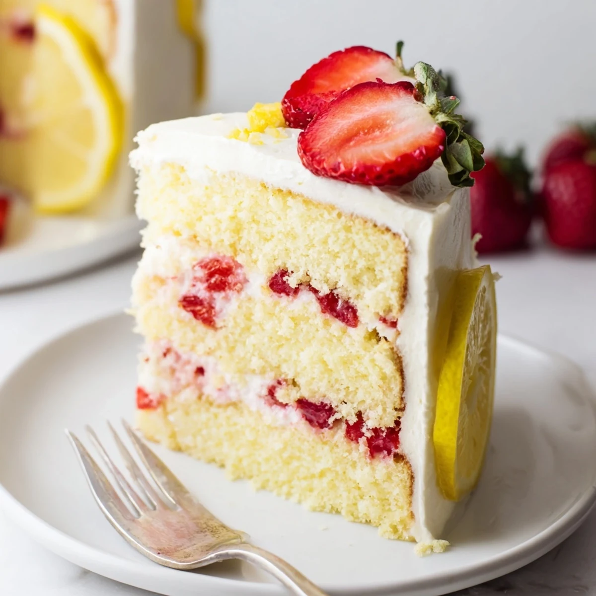 Bright layers of Strawberry Lemonade Layer Cake, decorated with fresh strawberries and lemon zest on a white plate.