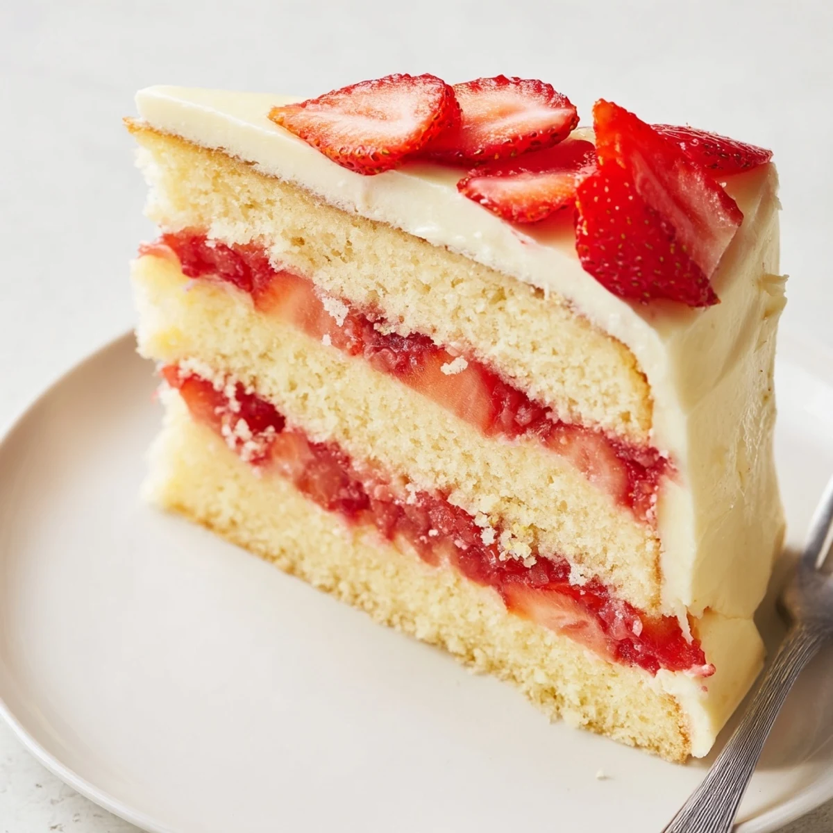 Moist lemon cake layers with strawberry filling and tangy cream cheese frosting, ready for a summer dessert table.