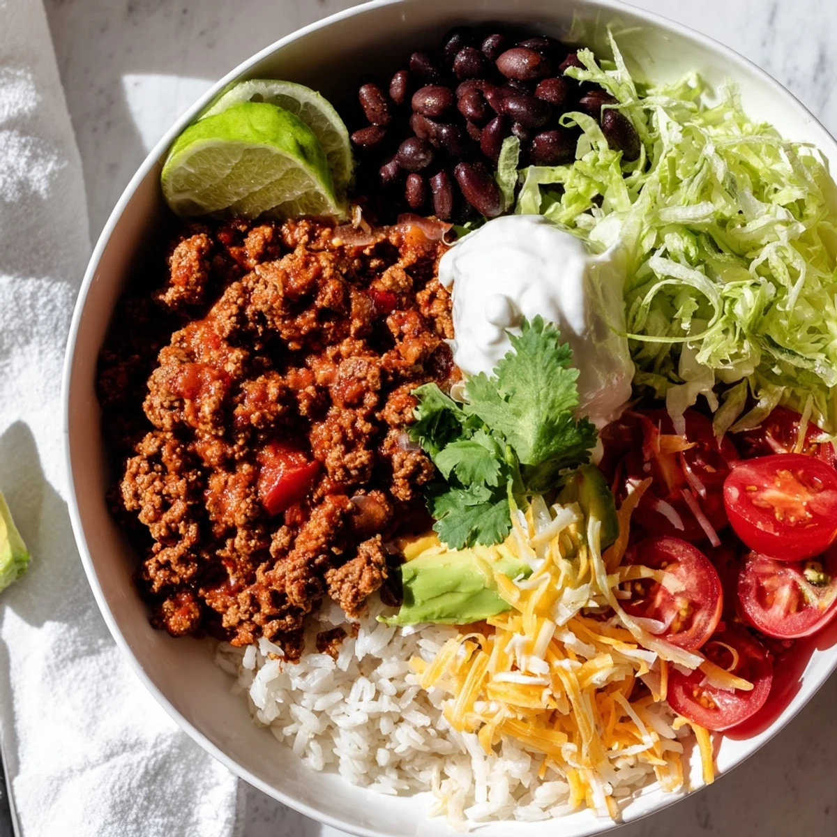 Vibrant Beef Burrito Bowls feature seasoned ground beef, fluffy rice, and black beans, garnished with cilantro and lime.  