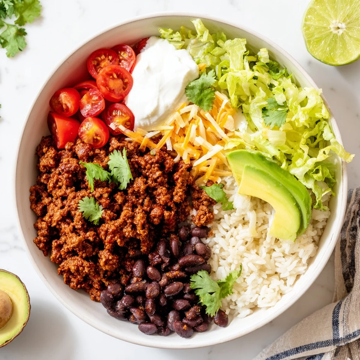 Hearty Beef Burrito Bowls with rice and beans, topped with fresh lettuce, tomatoes, and avocado slices.  
