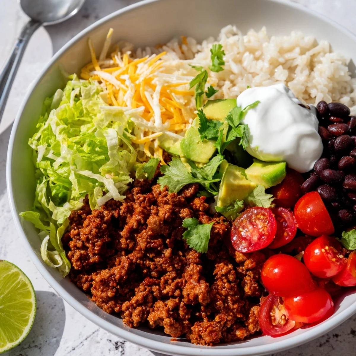 Sizzling ground beef, warm rice, and black beans create flavorful Beef Burrito Bowls, served with creamy sour cream.
