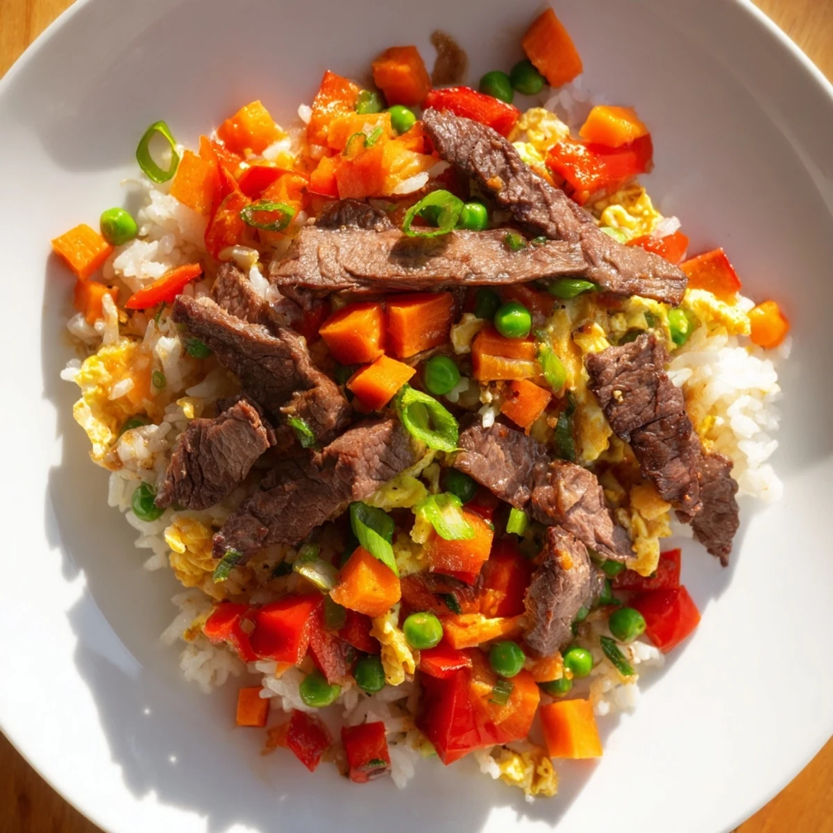 A close-up of Beef Fried Rice with Vegetables in a white bowl, garnished with sliced green onions, showing fluffy grains and colorful mixed vegetables.