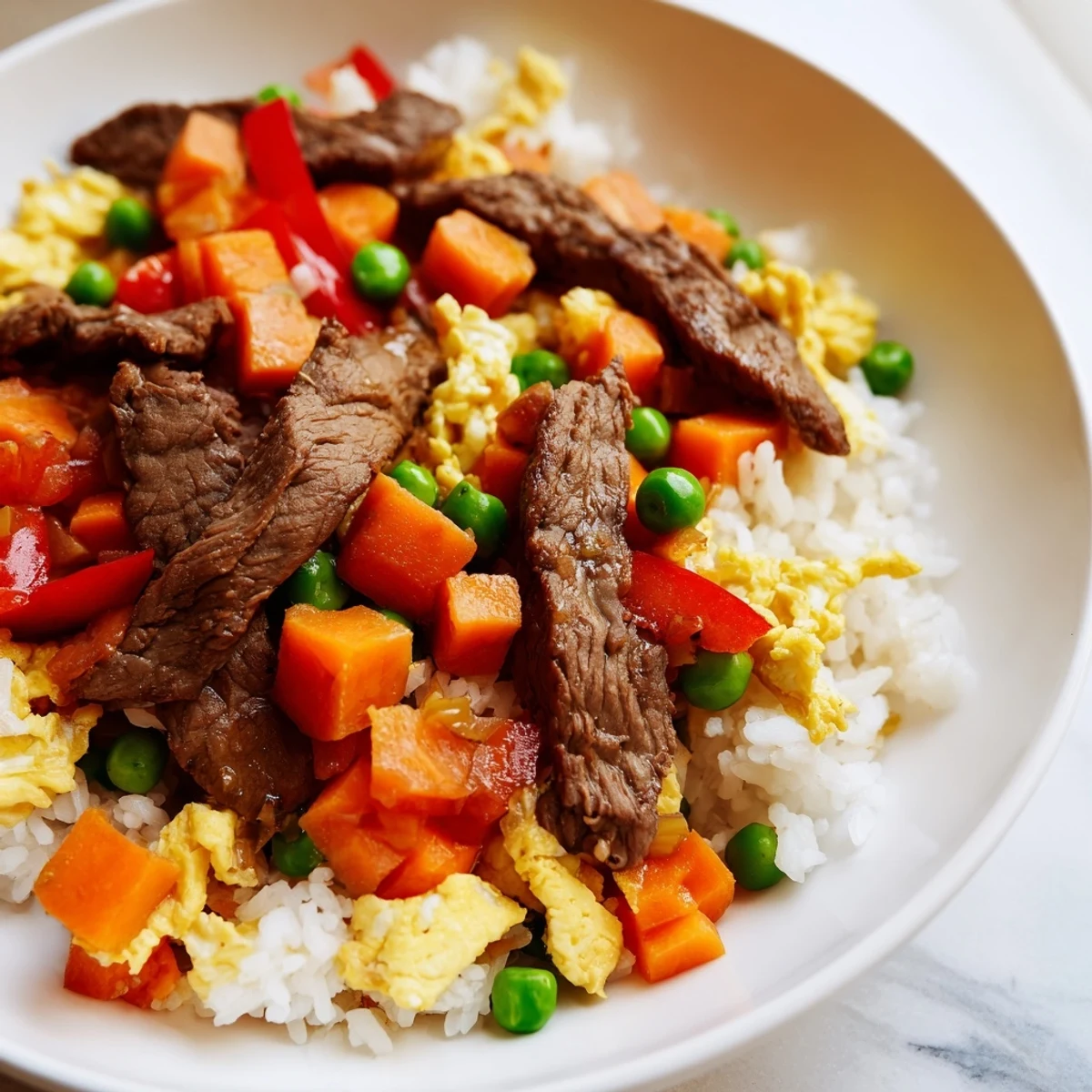 Golden-brown Beef Fried Rice with Vegetables steaming in a wok, featuring tender beef strips, bright peas, carrots, and red bell peppers in a savory sauce.