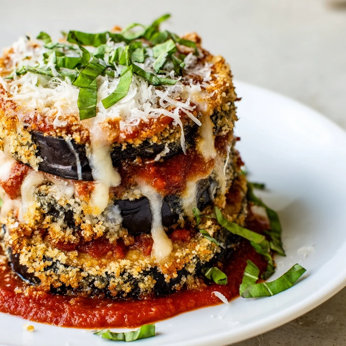 Golden-brown baked eggplant slices layered with rich marinara and melted mozzarella in a casserole dish.