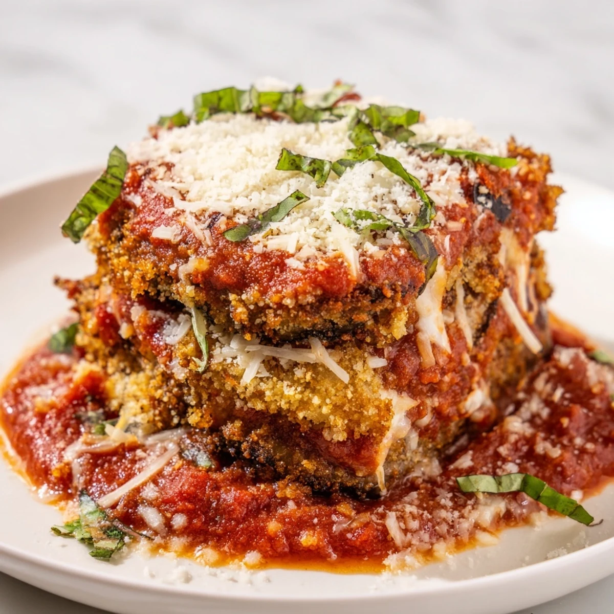 This baked eggplant parmesan recipe features crispy breaded rounds with gooey cheese for a comforting meal.