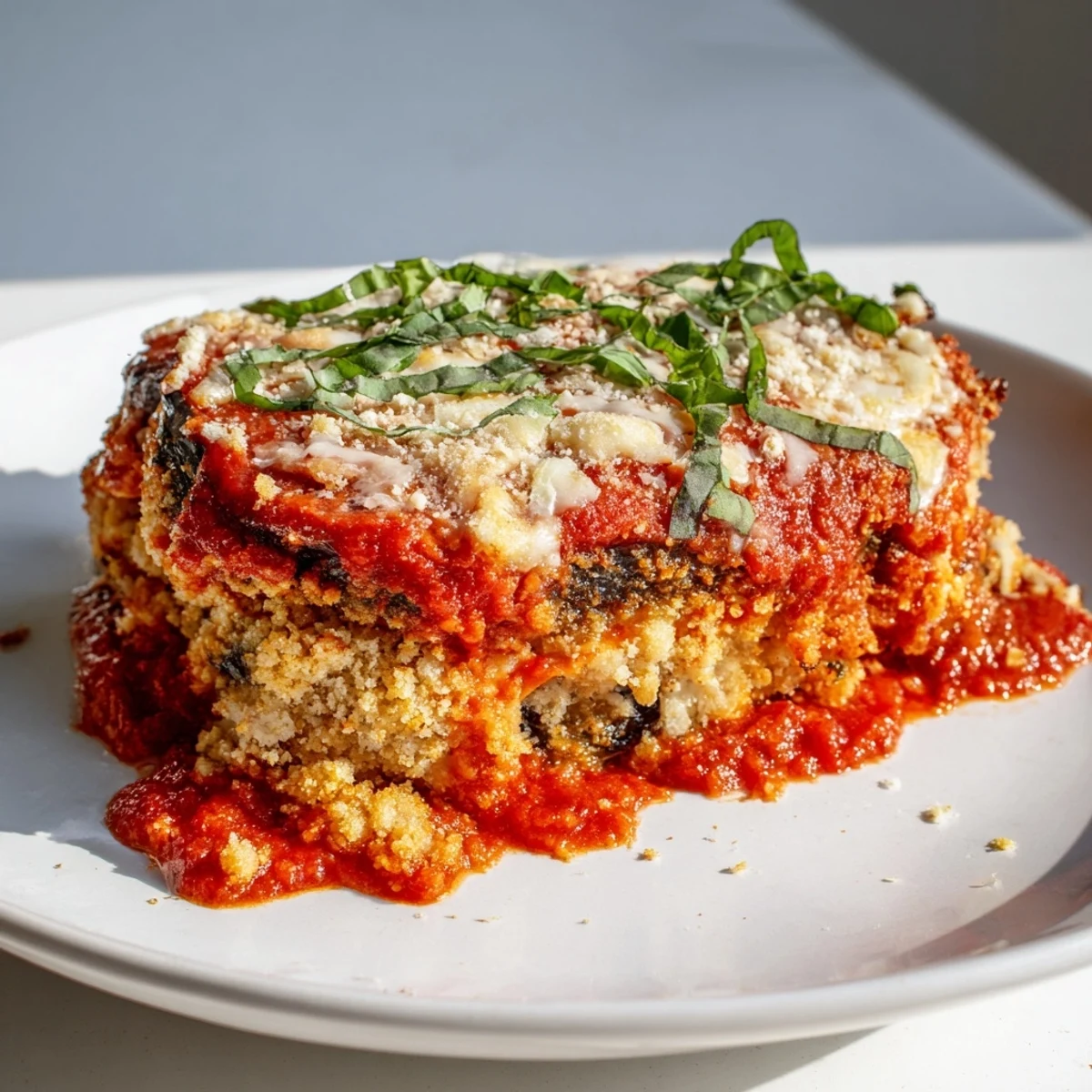Serving suggestion for vegetarian baked eggplant parmesan with fresh basil garnish and crusty bread on the side.