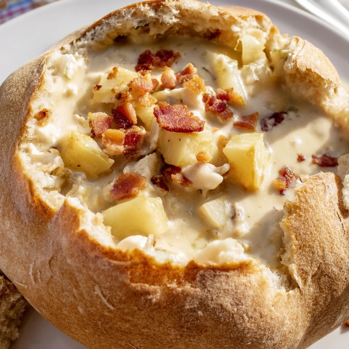A ladle pours rich, velvety New England Clam Chowder into a hollowed sourdough bread bowl for serving.