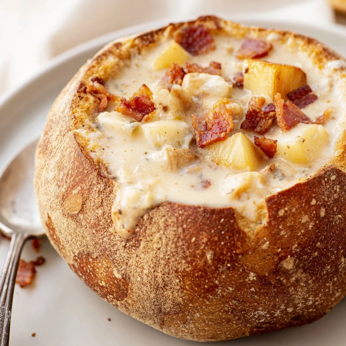 Creamy Clam Chowder in Sourdough Bowl steaming in a crusty bread vessel with smoky bacon and tender potatoes.