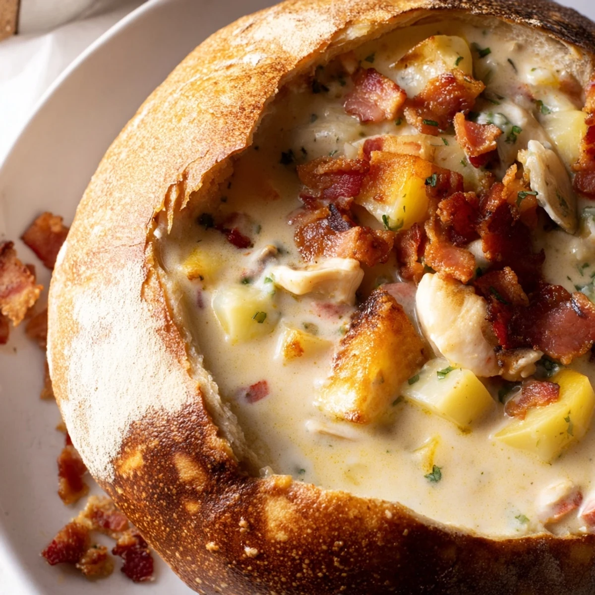 Savory Creamy Clam Chowder in Sourdough Bowl garnished with fresh parsley, ready to enjoy on a cozy table.