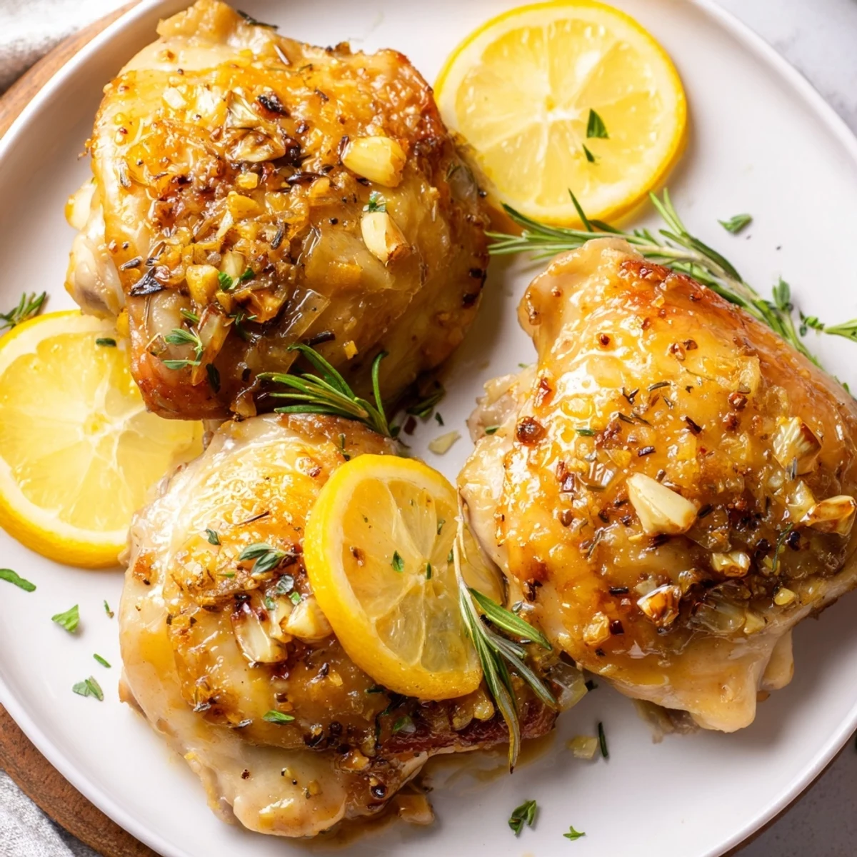 Golden-brown Lemon Garlic Roasted Chicken Thighs with crispy skin, fresh herbs, and lemon slices resting on a serving platter.