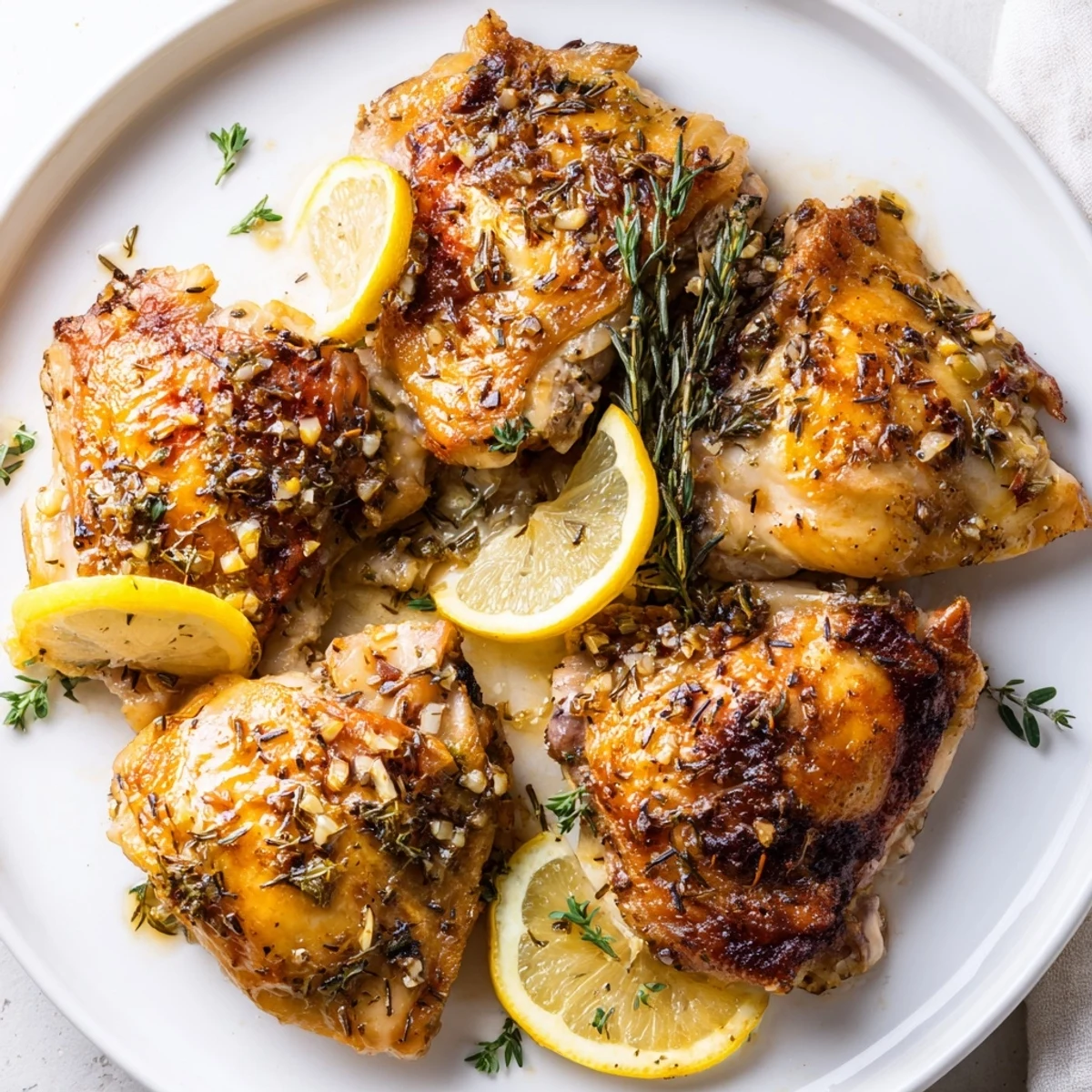 Lemon Garlic Roasted Chicken Thighs roasted to juicy perfection, paired with rosemary and garlic on a rustic sheet pan.