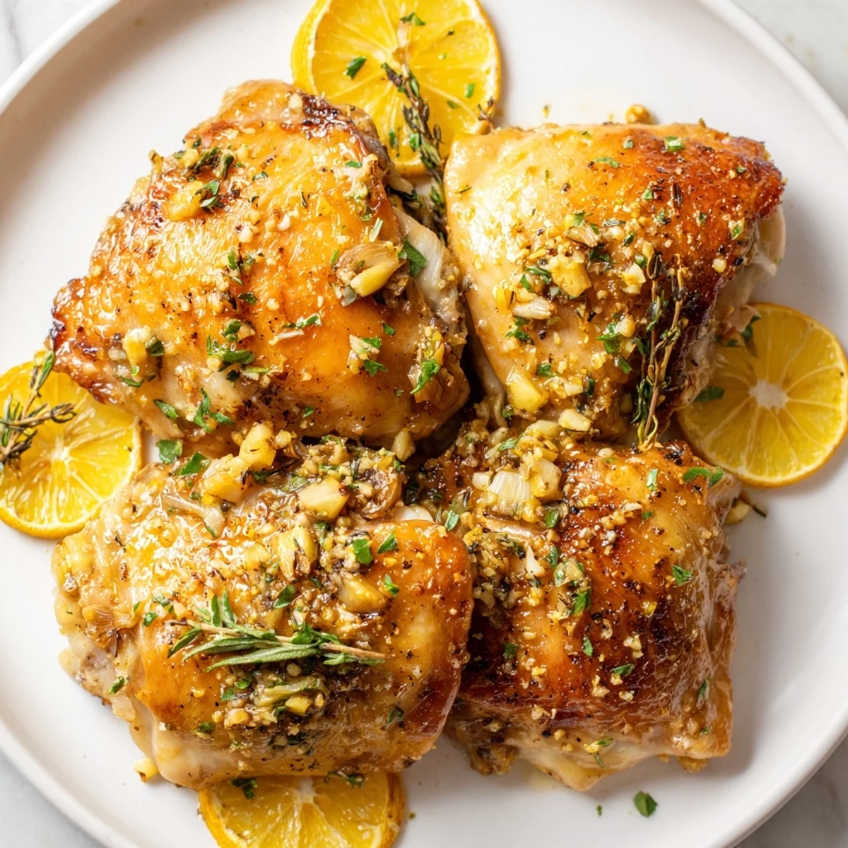 Juicy Lemon Garlic Roasted Chicken Thighs served with a lemon wedge and fresh parsley, perfect for a family dinner.