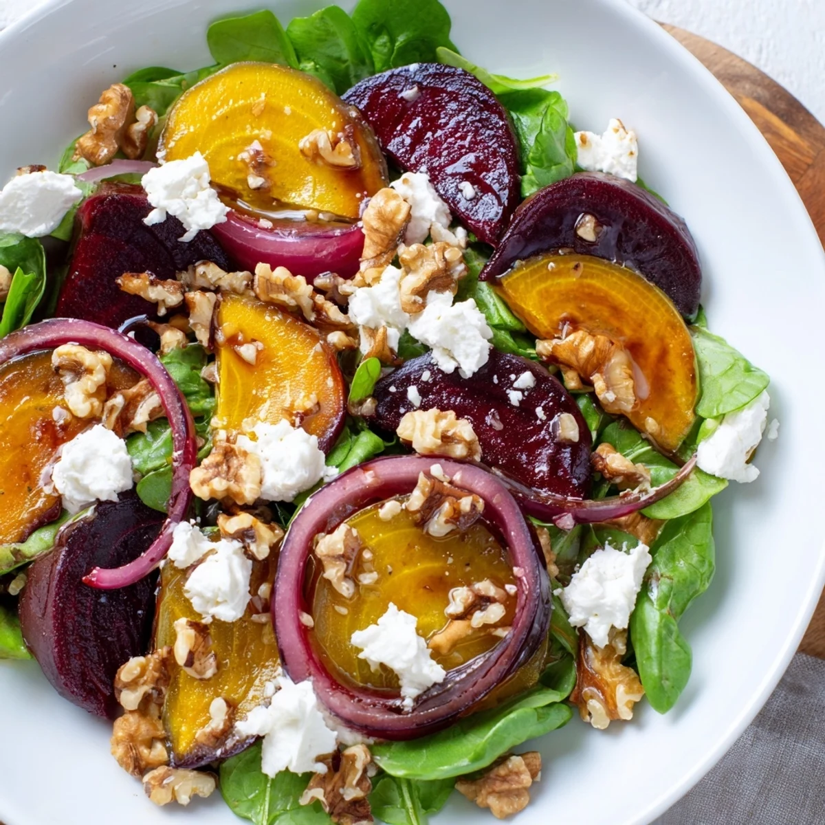 Vibrant roasted beet salad with goat cheese and toasted walnuts on a bed of fresh greens.  
