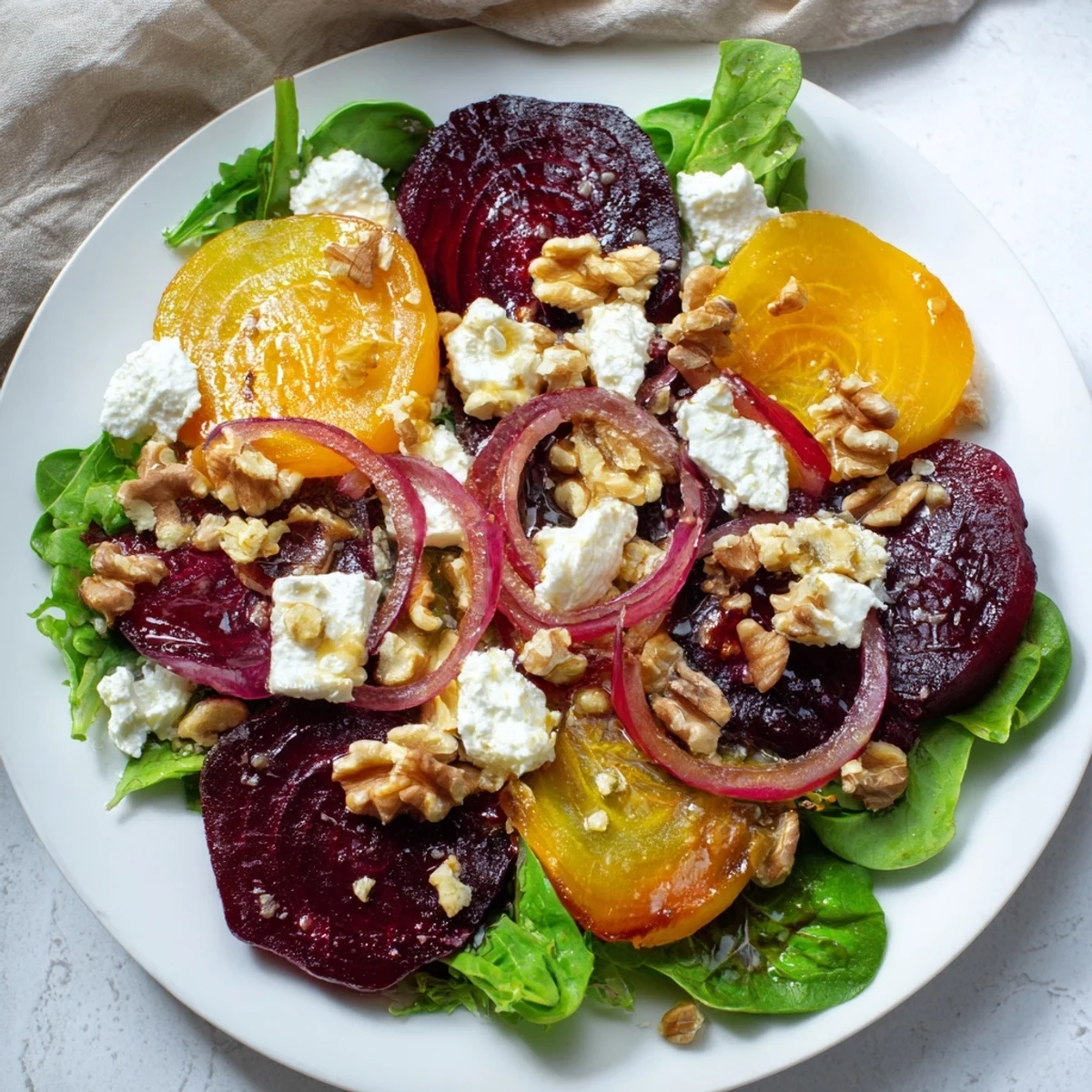 Colorful roasted beet salad with goat cheese and red onion slices on a white platter.  