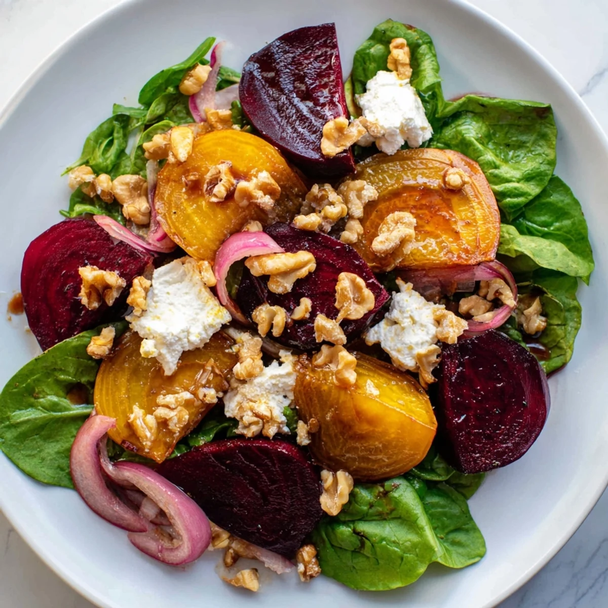 Easy roasted beet salad with creamy goat cheese and tangy vinaigrette served for a light lunch.