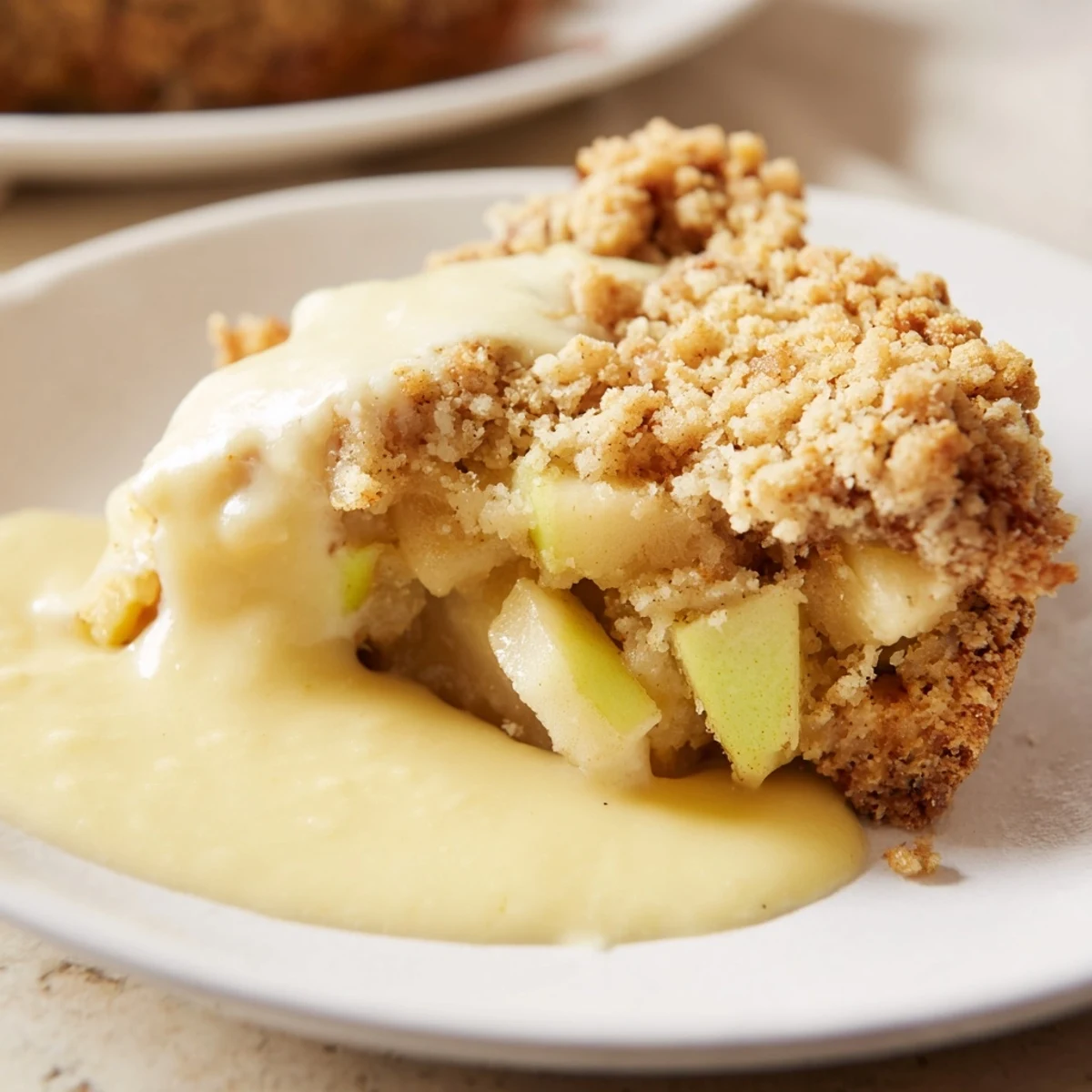 Golden slices of Irish Apple Cake with Custard show warm, spiced apple pieces and smooth vanilla sauce on a rustic plate.