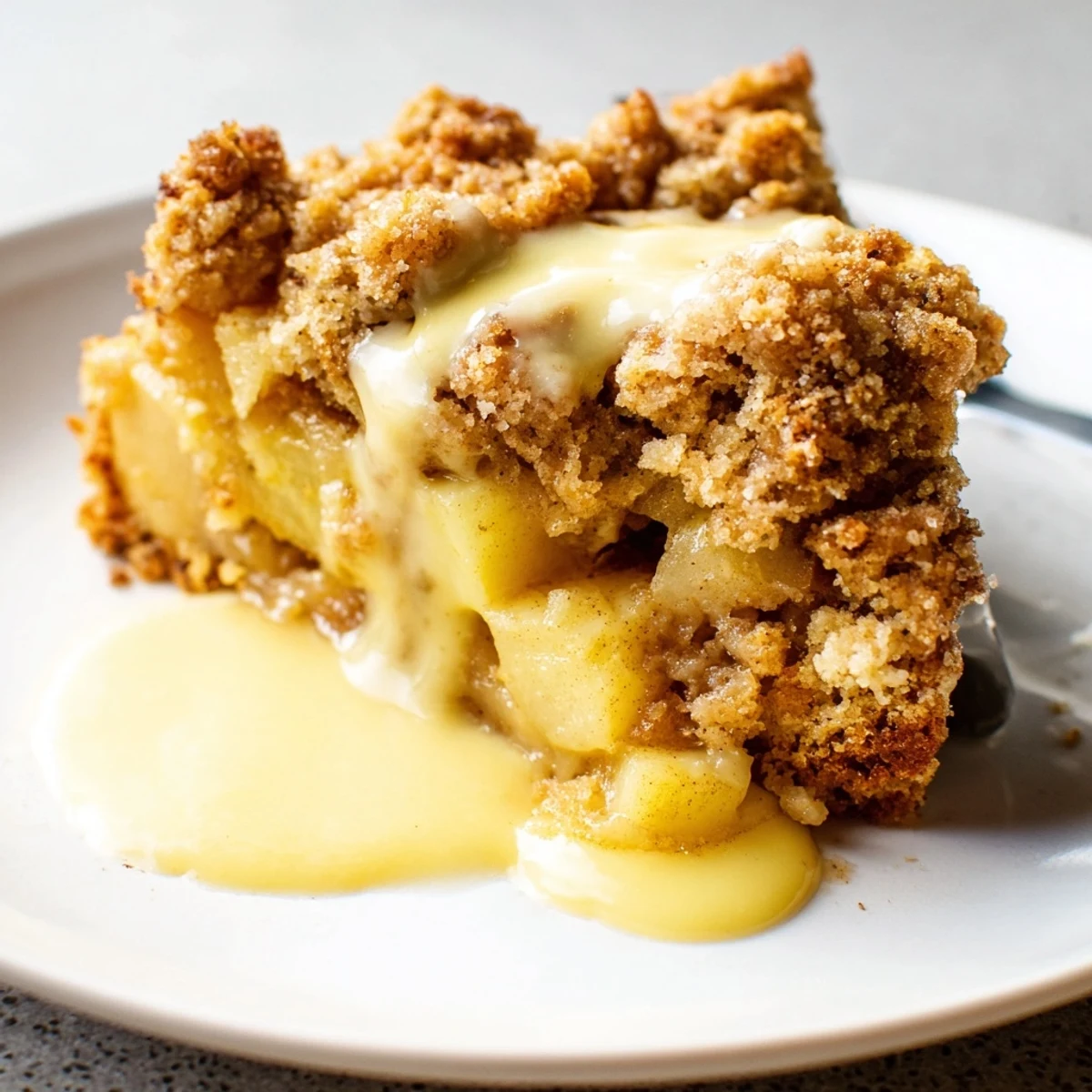 A freshly baked Irish Apple Cake with Custard sits beside a bowl of creamy custard, perfect for cozy American desserts.