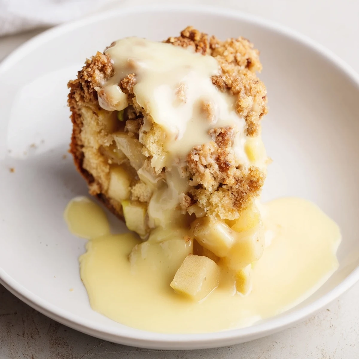 Moist Irish Apple Cake with Custard is served warm, with a spoon drizzling rich custard over tender apple chunks.