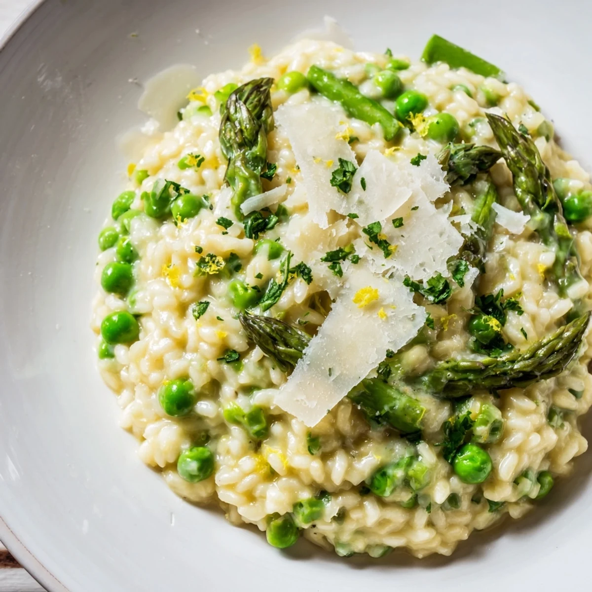 Creamy Spring Pea and Asparagus Risotto steaming in a pan with bright green vegetables.