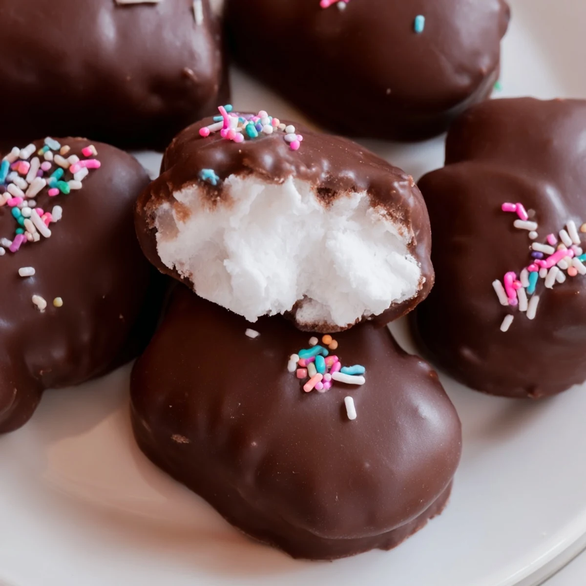 Chocolate Covered Marshmallow Peeps stacked on a dessert plate, showcasing soft marshmallow centers and a smooth chocolate shell for an easy homemade holiday snack.