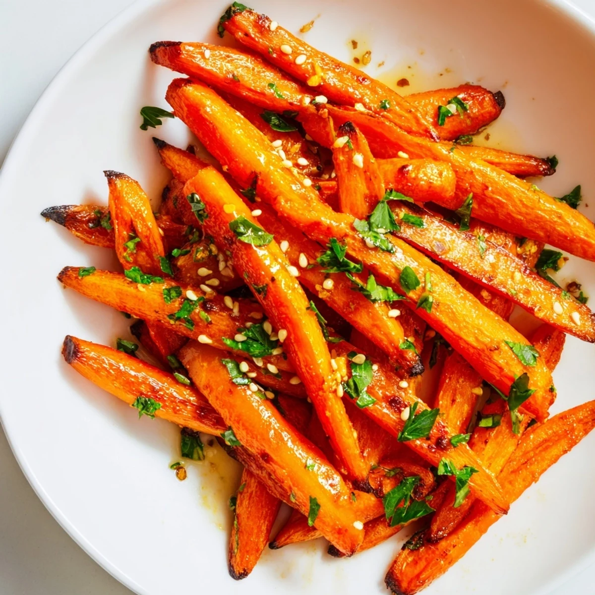 Roasted Carrots with Honey Glaze glisten on a platter with fresh parsley and sesame seeds, perfect for a healthy side dish.