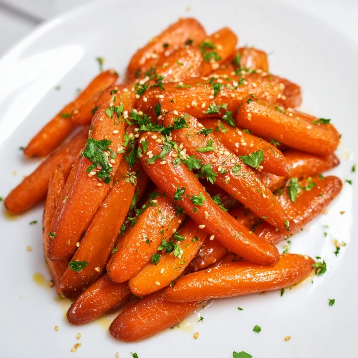 Golden Roasted Carrots with Honey Glaze served warm alongside roasted chicken, highlighting their tender texture and caramelized edges.