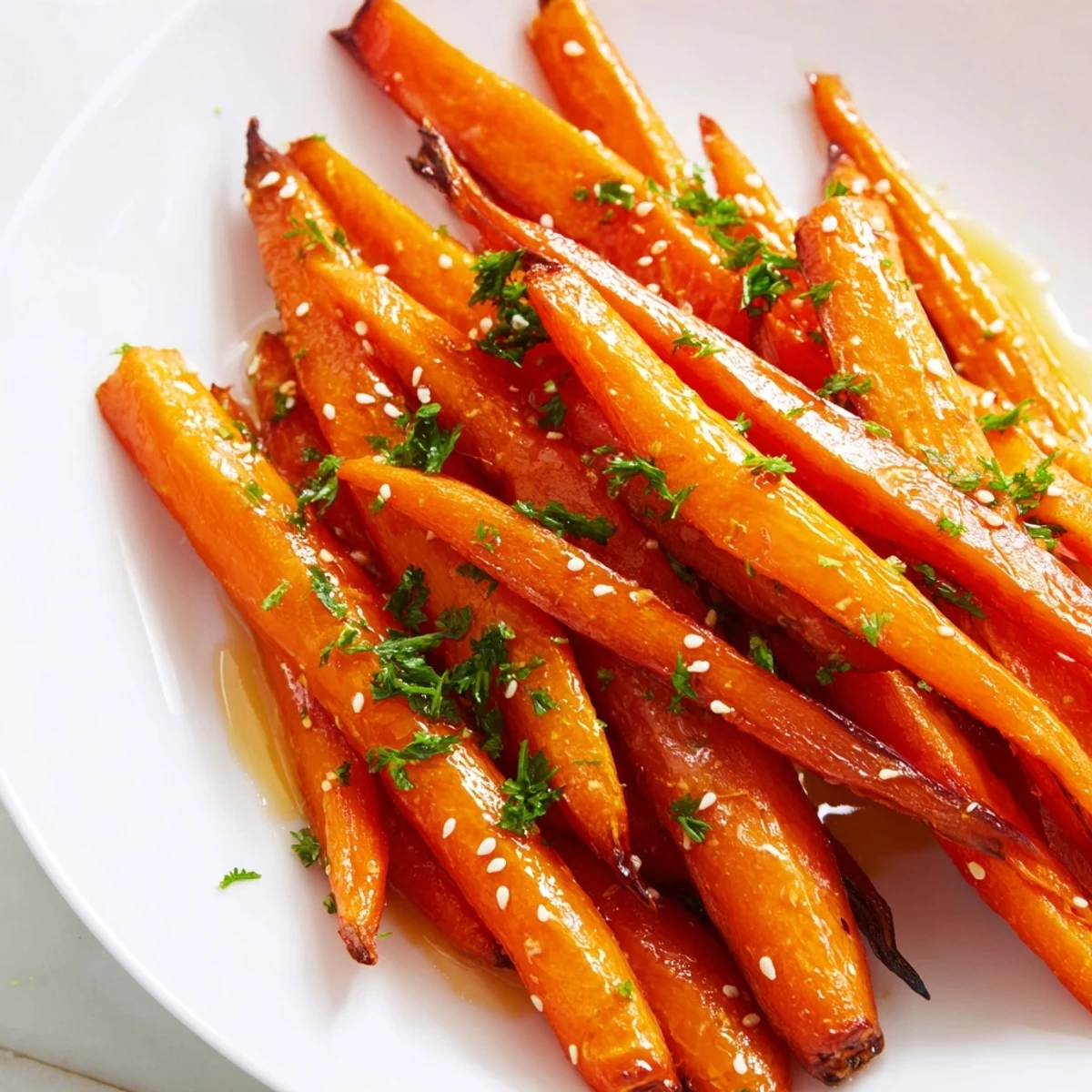Close-up of Roasted Carrots with Honey Glaze on a rustic table, showcasing glossy coating and vibrant orange hues for dinner.