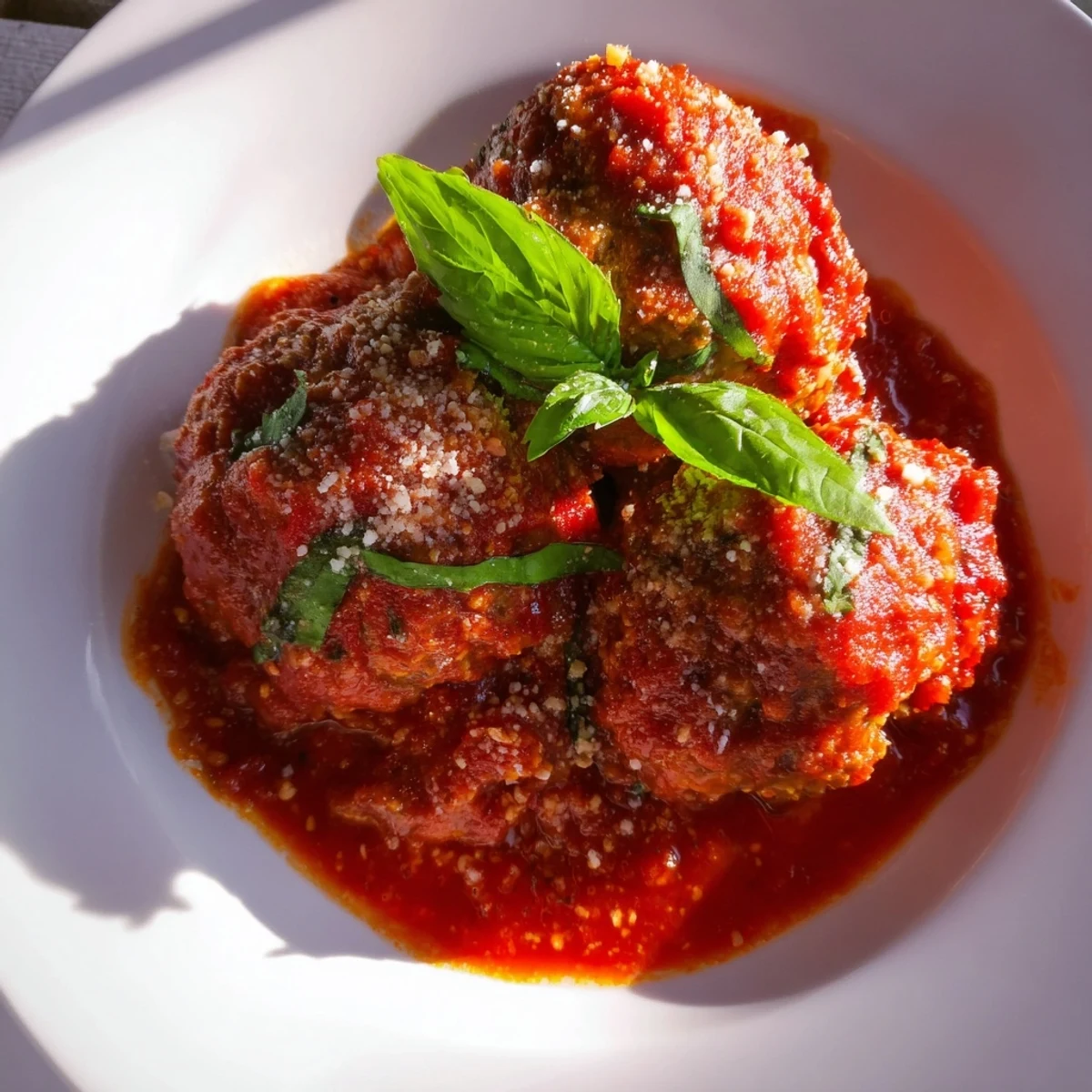 A close-up of tender beef meatballs nestled in a garlicky marinara sauce, garnished with fresh basil and ready to be enjoyed with crusty bread.